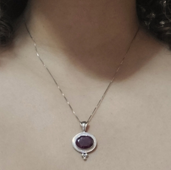 Sterling Silver & Ruby Stone Pendant Paired w/ Silver Chain - Picture 8 of 8